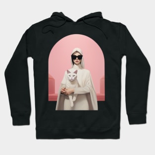 Realistic Cat Lady: Soft Pink & White Woman with Sunglasses and Cat Hoodie